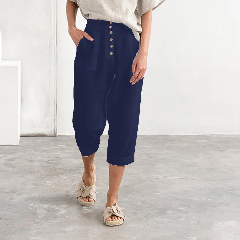 Button Cotton Linen Casual Pants