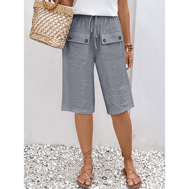 Woven Solid Color Tie Waist Shorts