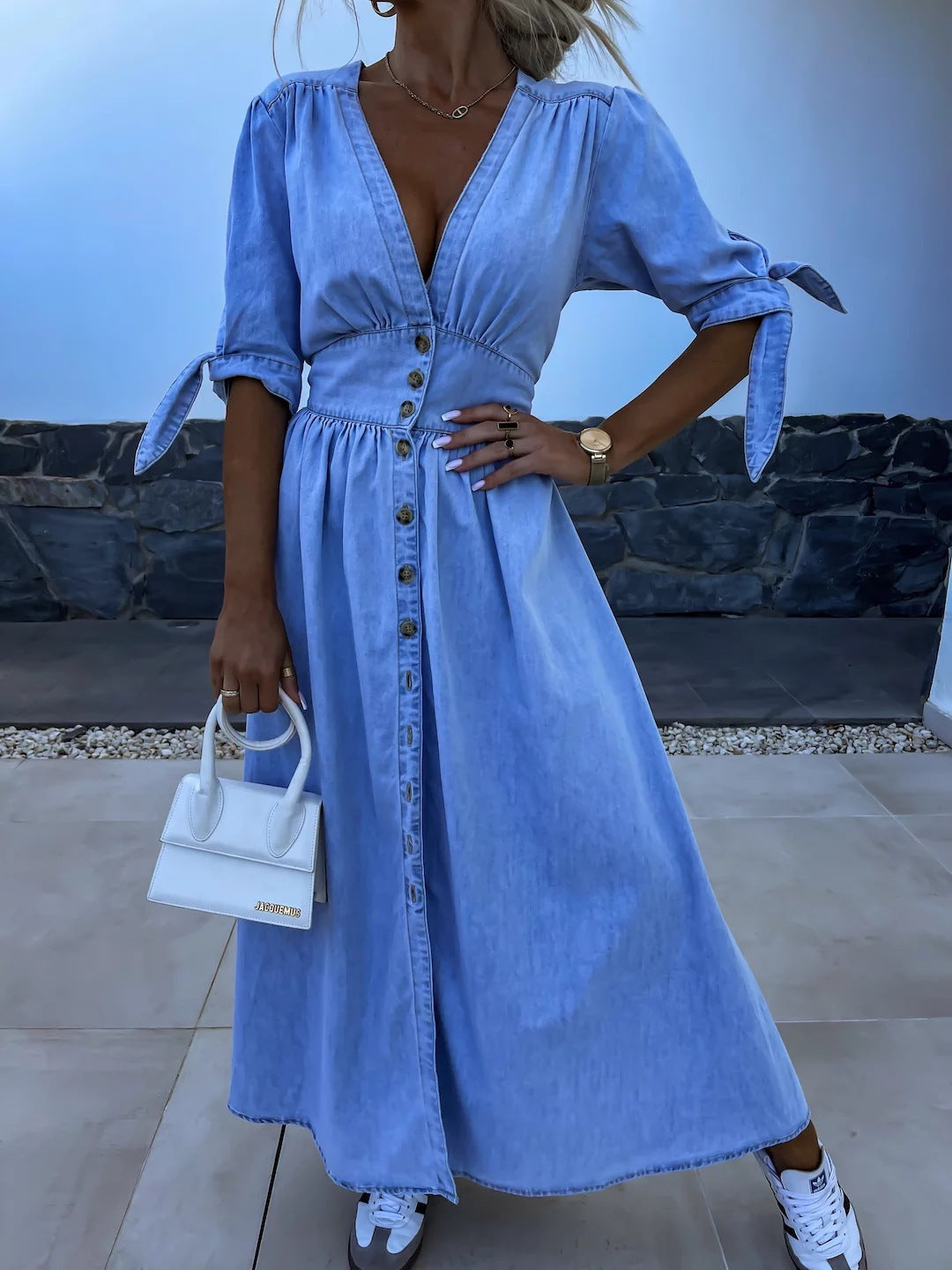 Long Denim Dress with V-Neck