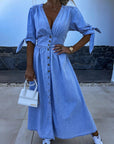 Long Denim Dress with V-Neck