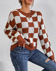 Women's Checkered Crew Neck Long Sleeve Sweater