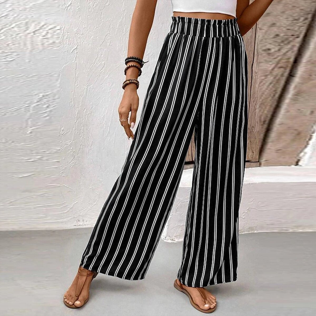 Striped Ruffle Wide-Leg Pants