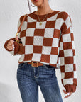 Women's Checkered Crew Neck Long Sleeve Sweater