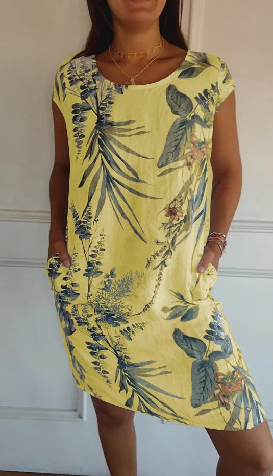 Short Sleeve Printed Pocket Crew Dress