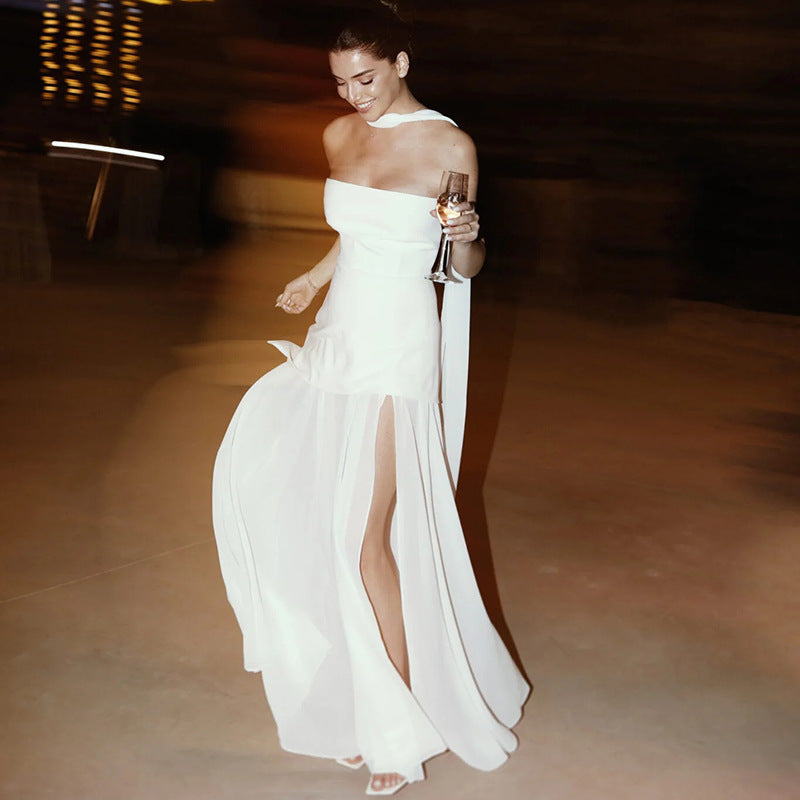 Strapless Patchwork Mesh Asymmetrical Maxi Dress
