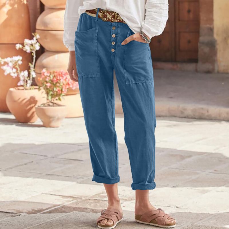 Buttoned Cotton Linen Pants
