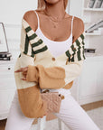 Color Block V-Neck Button Down Long Sleeve Cardigan