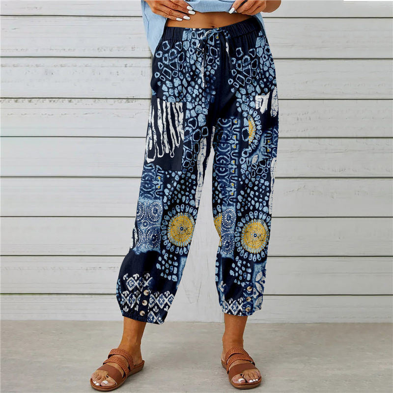 High Waist Drawstring Retro Printed Pants