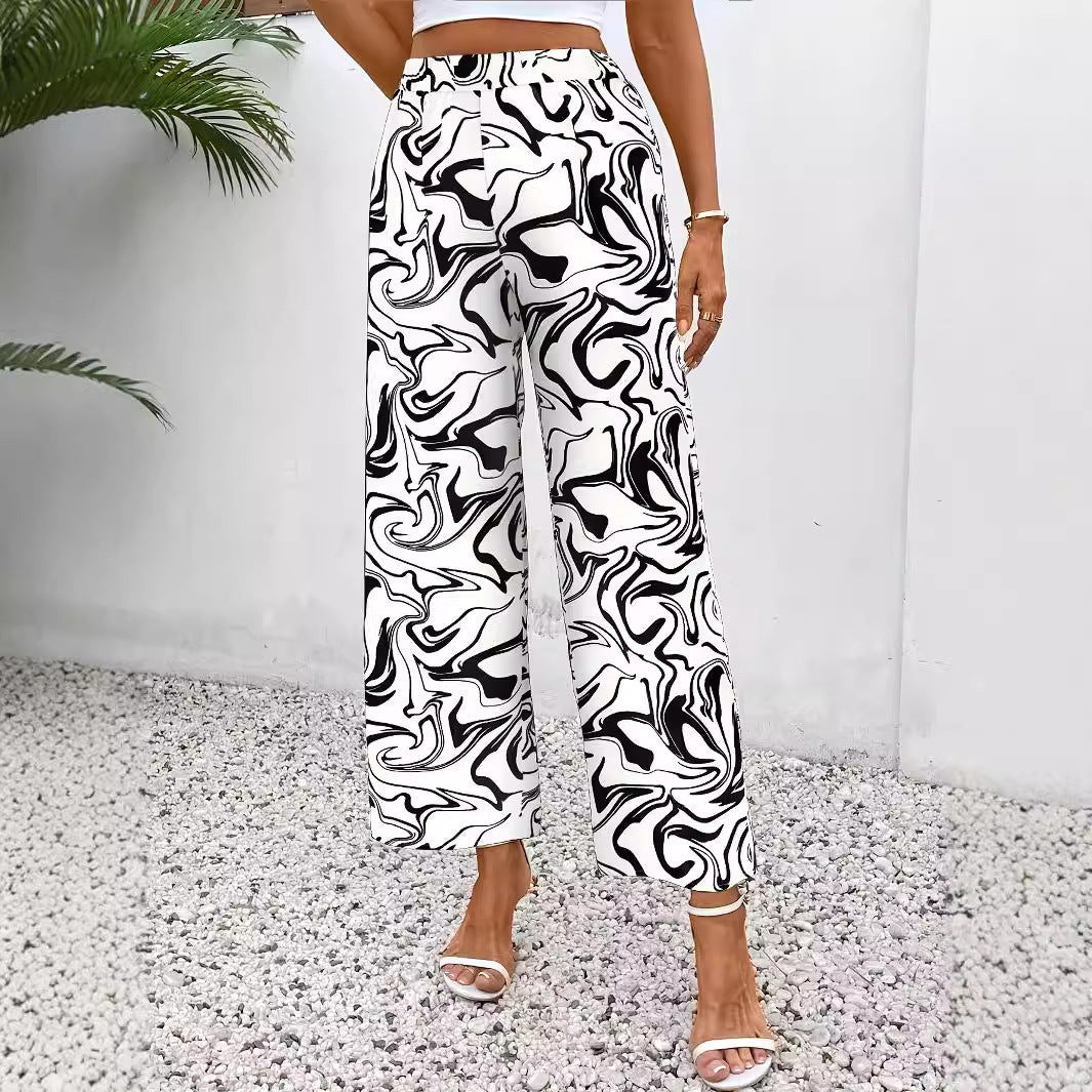 Chic Marble Elastic Waist Pants
