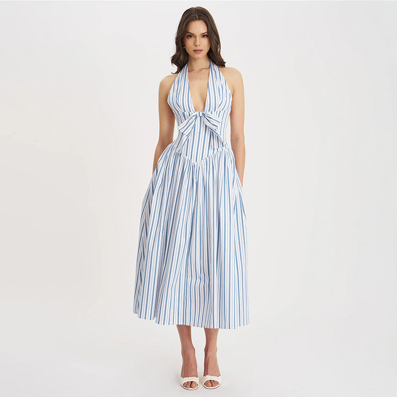 French Style Bow Halter Neck Dress