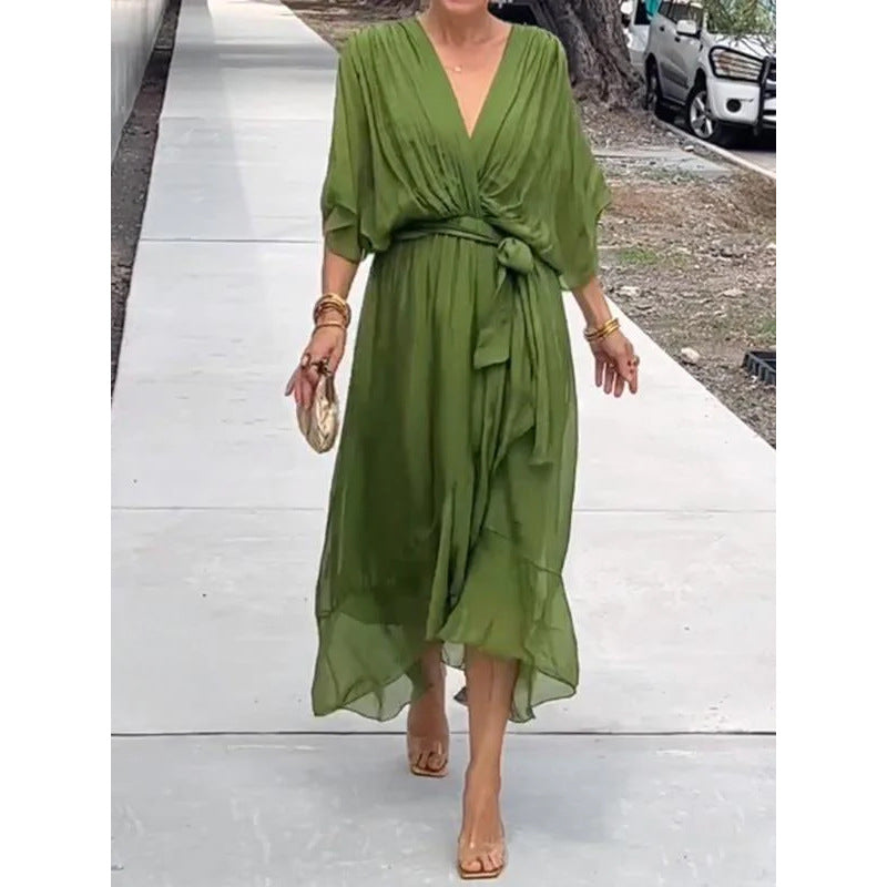 Tie Waist Batwing Long Dress