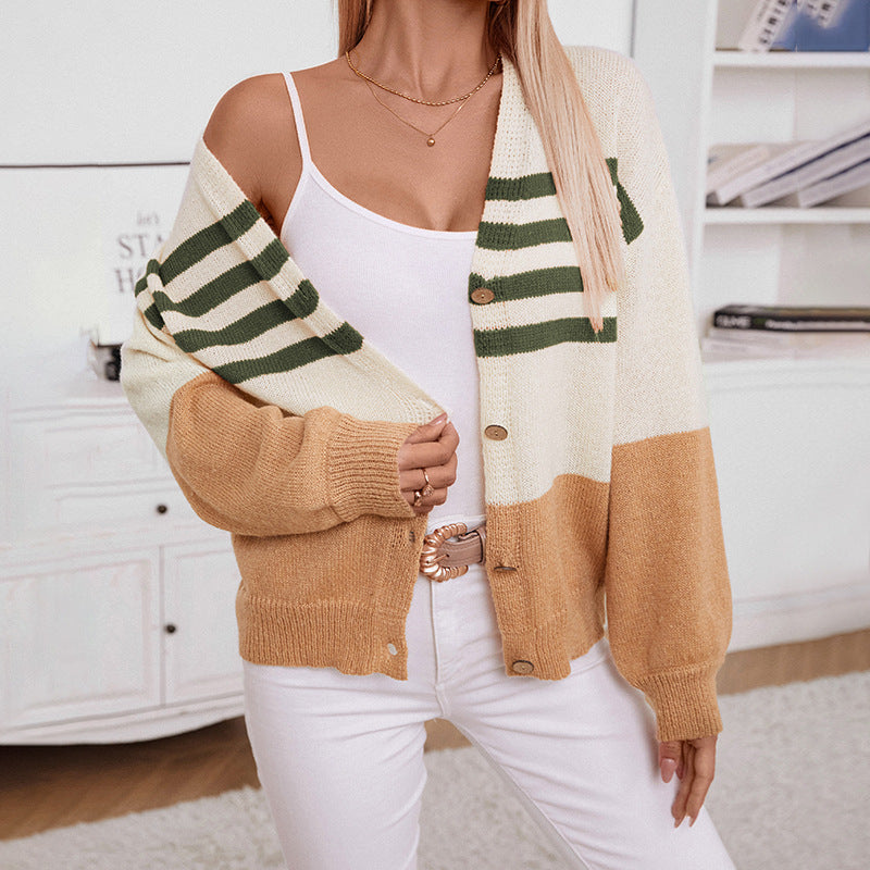 Color Block V-Neck Button Down Long Sleeve Cardigan