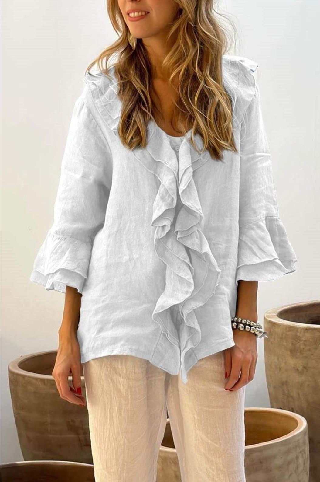 Stylish Solid Top with Feminine Ruffle Detail