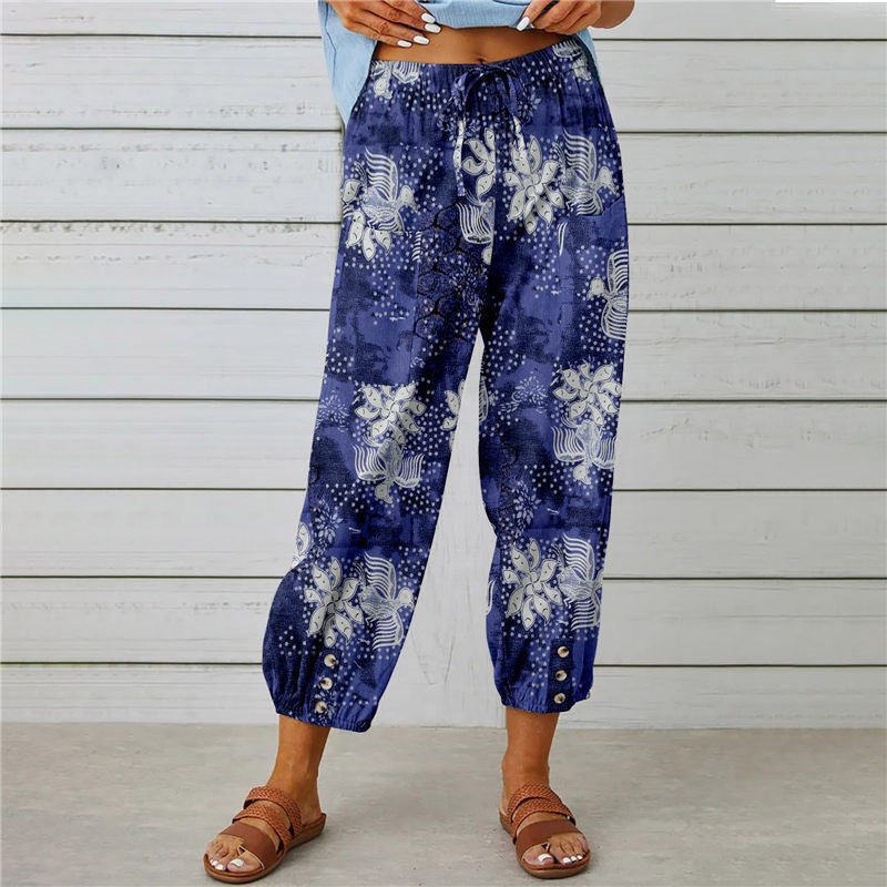 High Waist Drawstring Retro Printed Pants