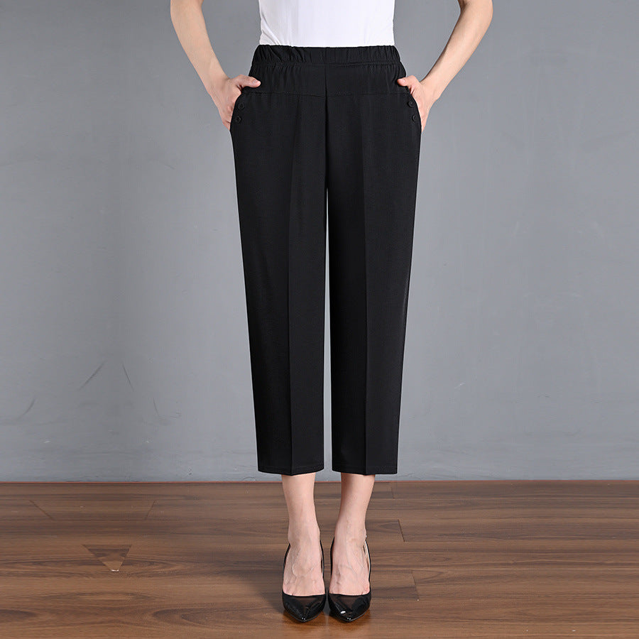 Ice Silk Elastic Waist Cropped Pants