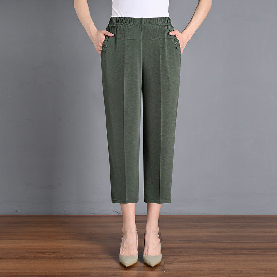 Ice Silk Elastic Waist Cropped Pants