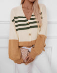Color Block V-Neck Button Down Long Sleeve Cardigan