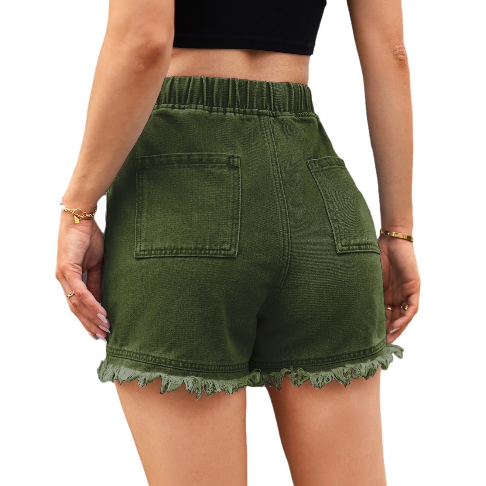 Elastic Waist Drawstring Denim Shorts
