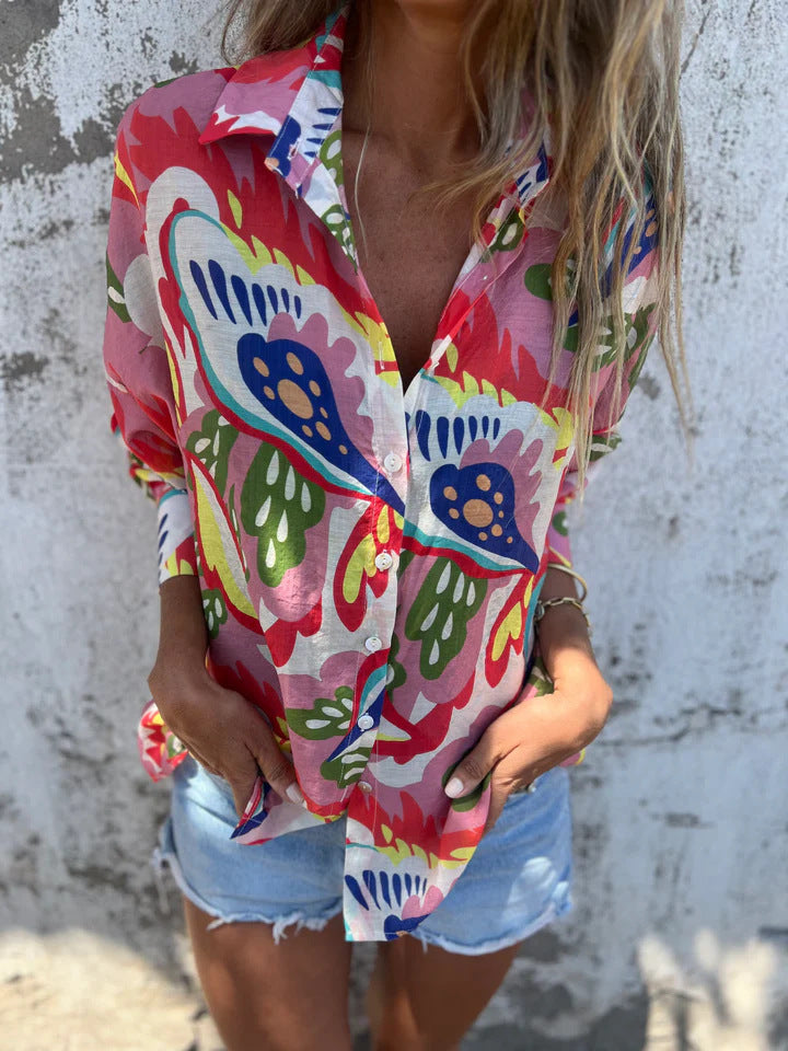 Flowy Casual Blouse with Floral Accents