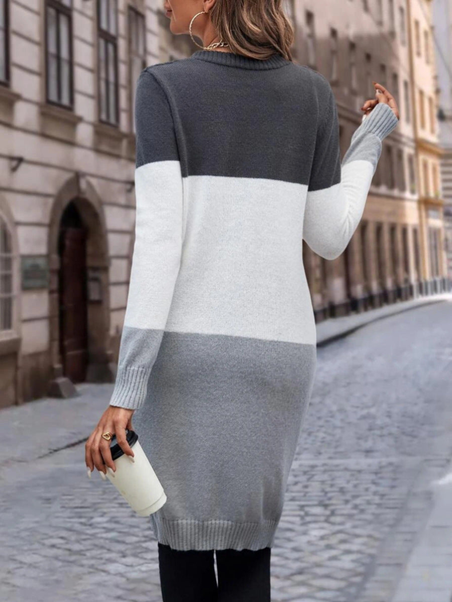 Cable Knit Colour Block Longline V-Neck Cardigan