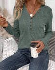 Ribbed Button Front Casual V Neck Long Sleeve Sweater