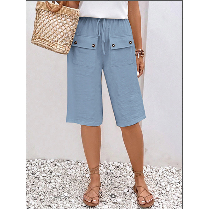 Woven Solid Color Tie Waist Shorts