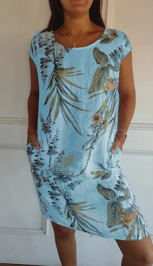 Short Sleeve Printed Pocket Crew Dress