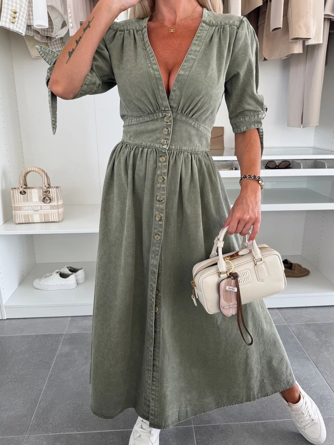 Long Denim Dress with V-Neck