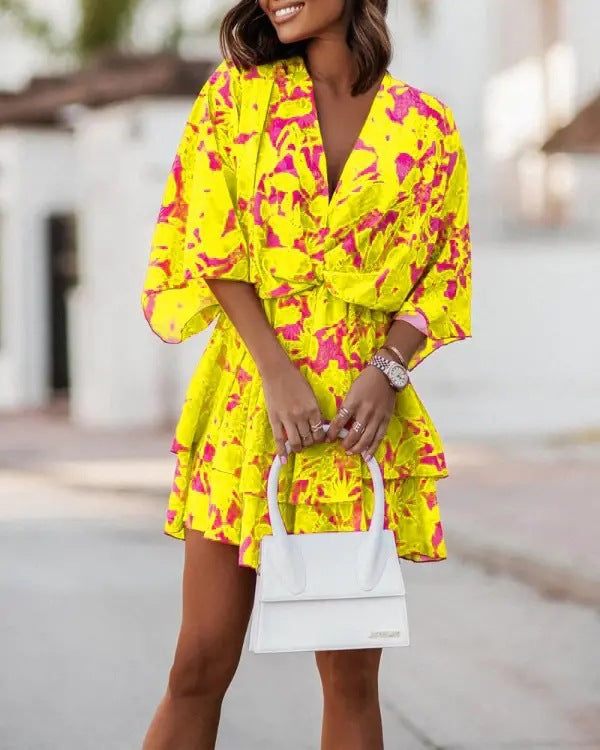 Flowy Batwing Dress with Elegant V Neck