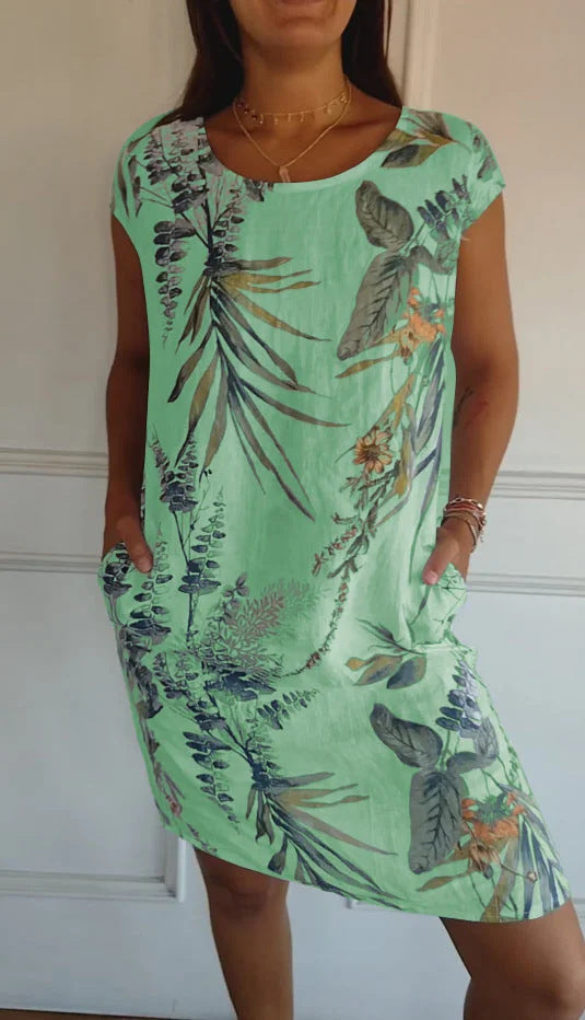 Short Sleeve Printed Pocket Crew Dress