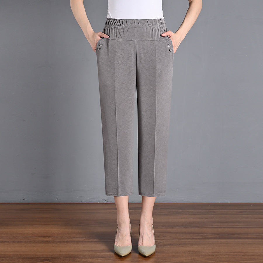 Ice Silk Elastic Waist Cropped Pants