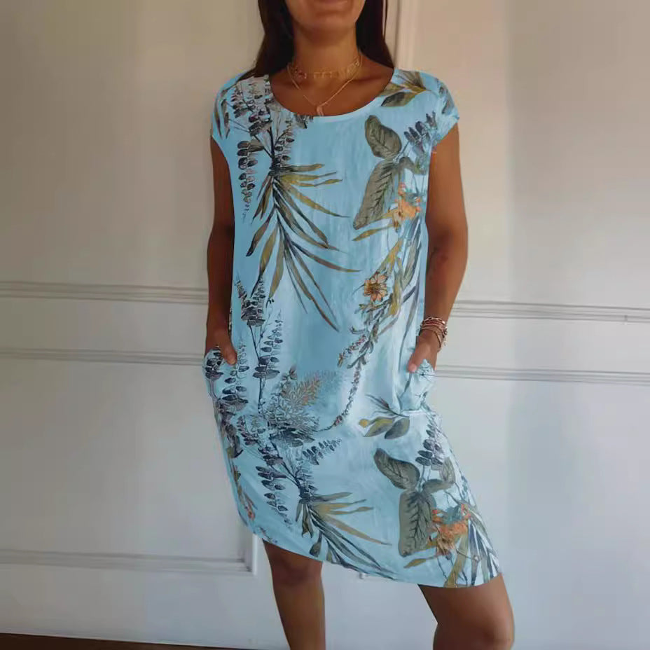 Short Sleeve Printed Pocket Crew Dress