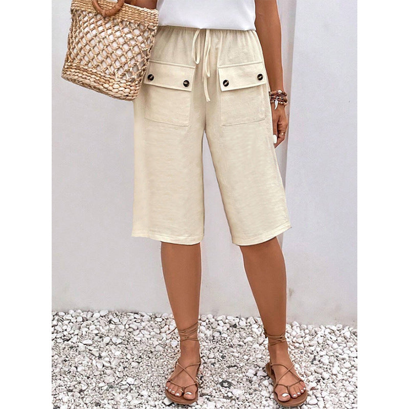 Woven Solid Color Tie Waist Shorts