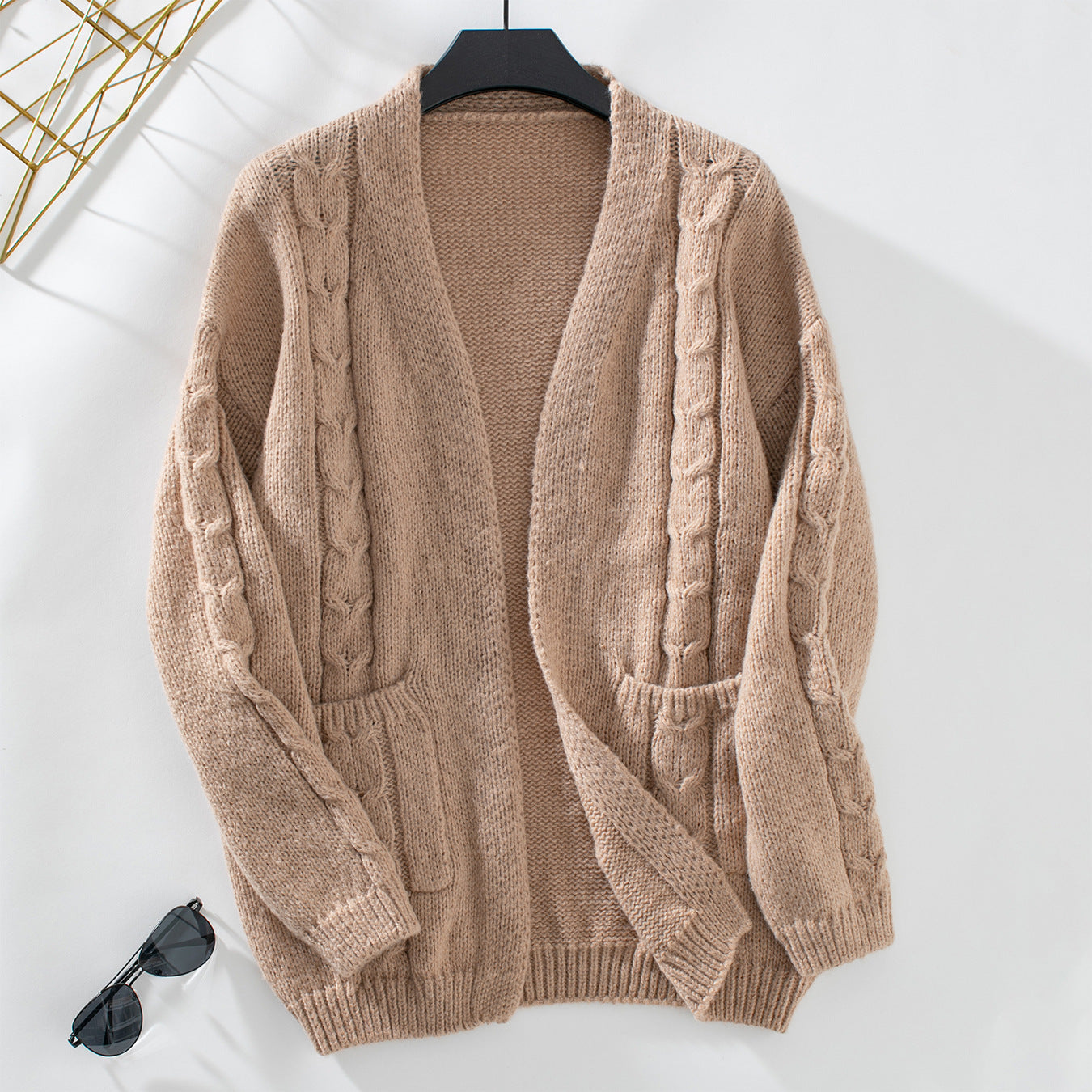 Cable Knit Open Front Long Sleeve Cardigan