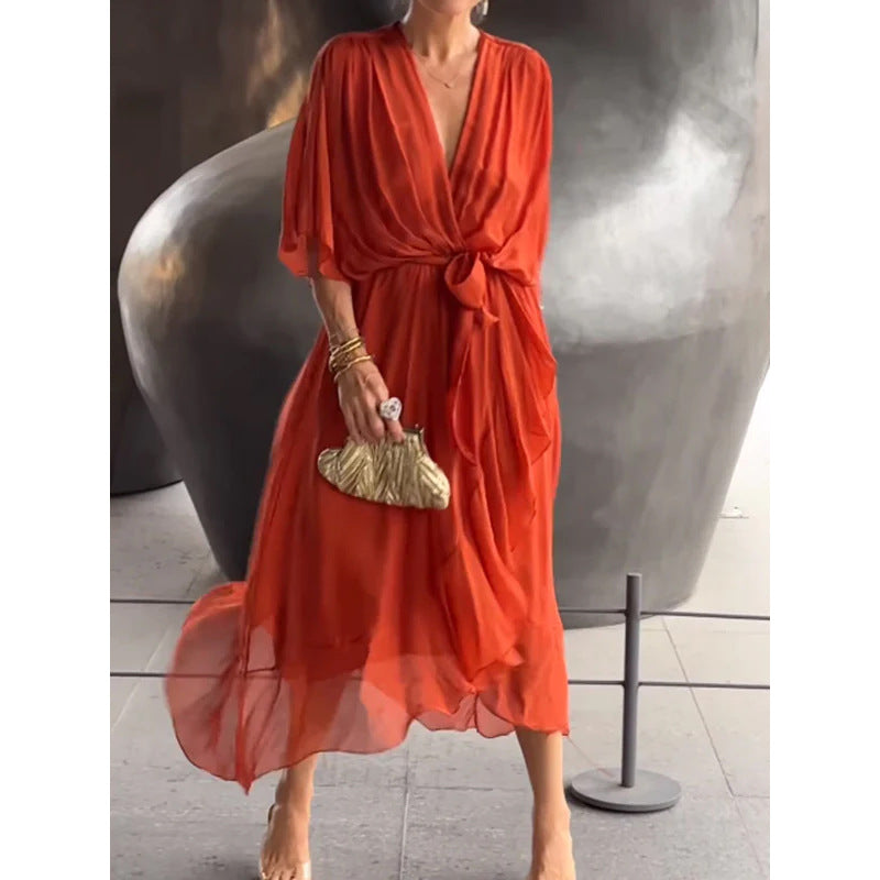 Tie Waist Batwing Long Dress