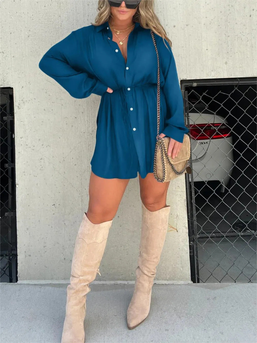 Splendid Teal Tie Waist Dress for Casual Walks