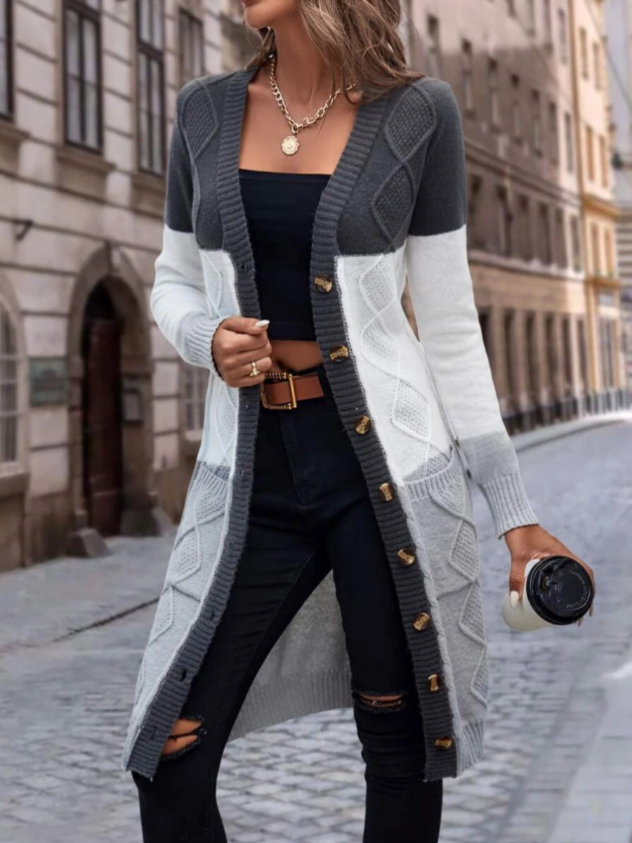 Cable Knit Colour Block Longline V-Neck Cardigan
