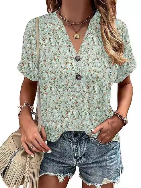 Printed V-Neck Button Stylish Blouse