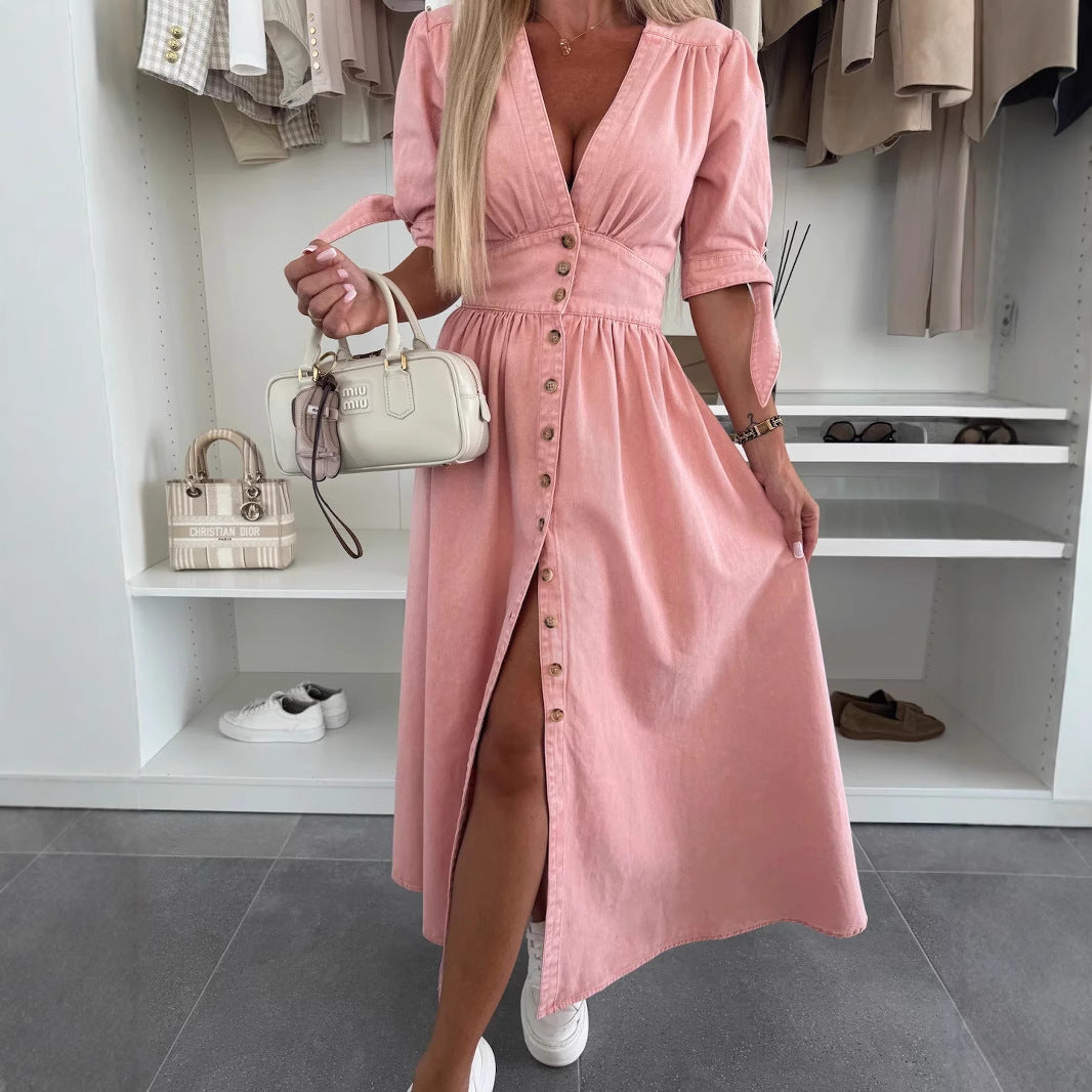 Long Denim Dress with V-Neck