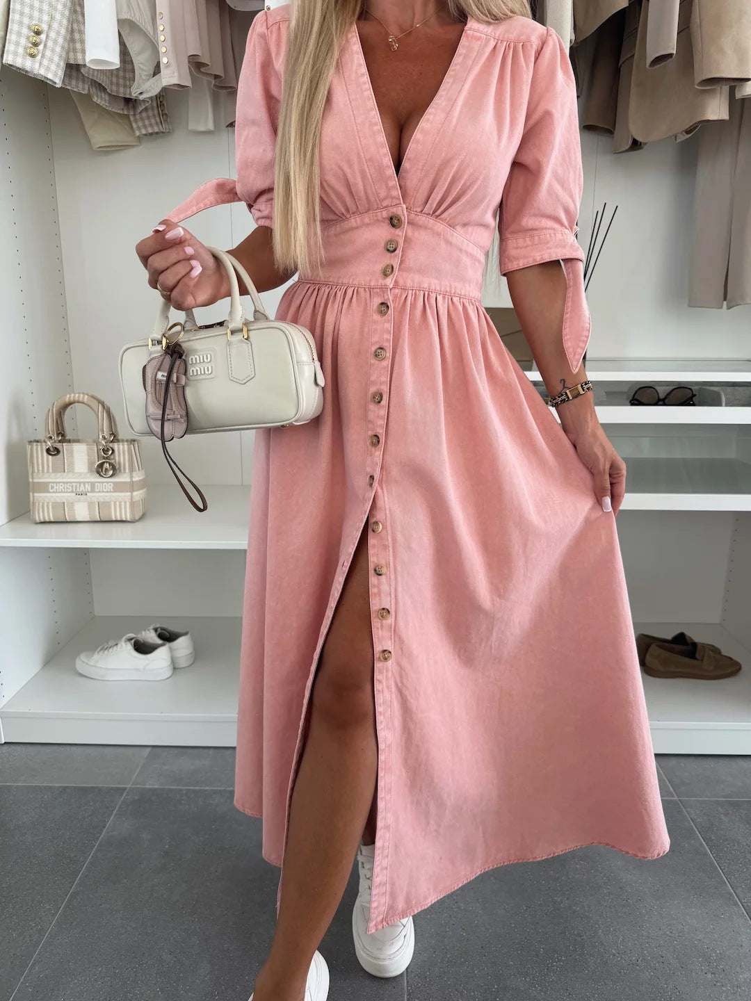 Long Denim Dress with V-Neck