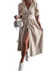Long Denim Dress with V-Neck