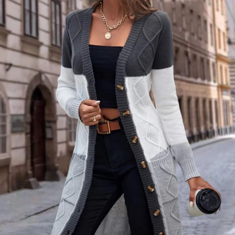 Cable Knit Colour Block Longline V-Neck Cardigan