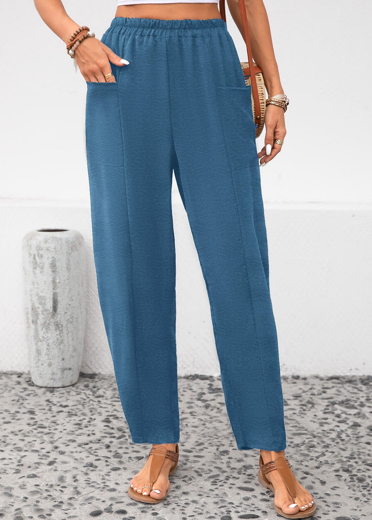 Solid Color Elastic Pants