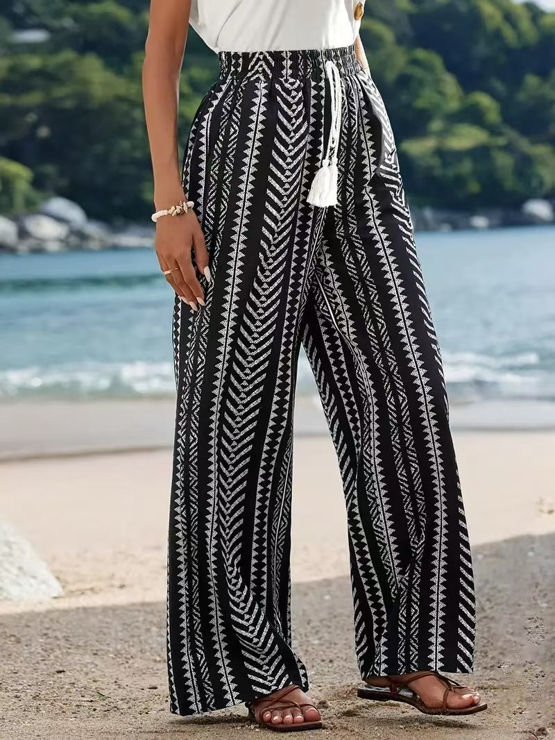 Geometric Print Elastic Straight Pants