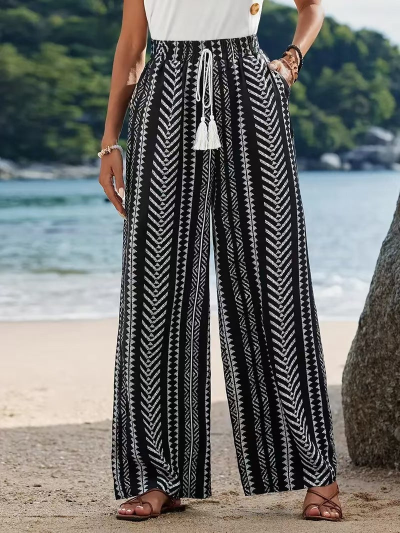 Geometric Print Elastic Straight Pants