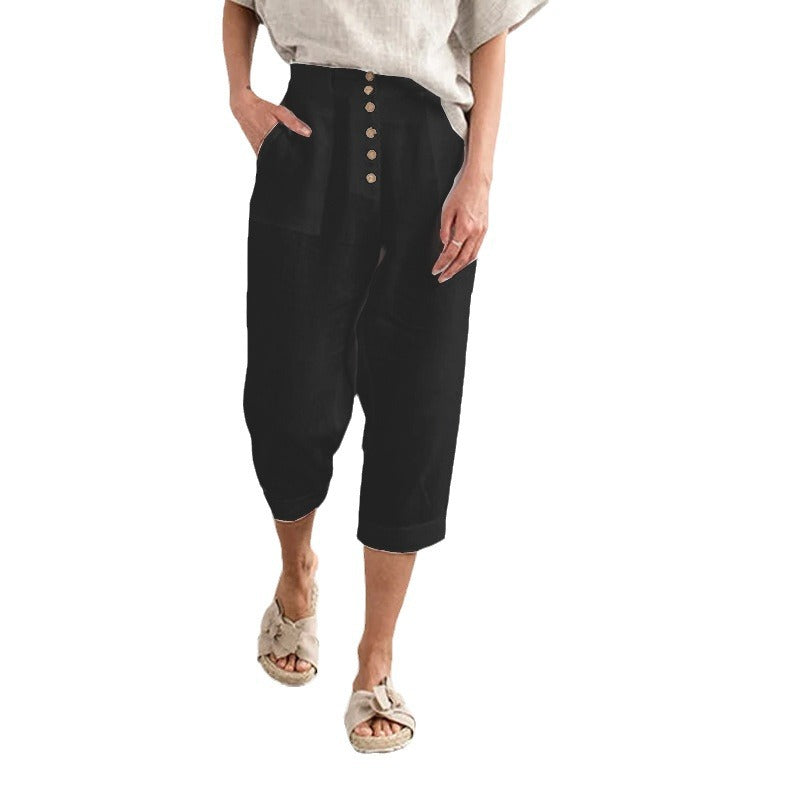 Button Cotton Linen Casual Pants