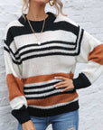 Contrast Striped Round Neck Long Sleeve Sweater