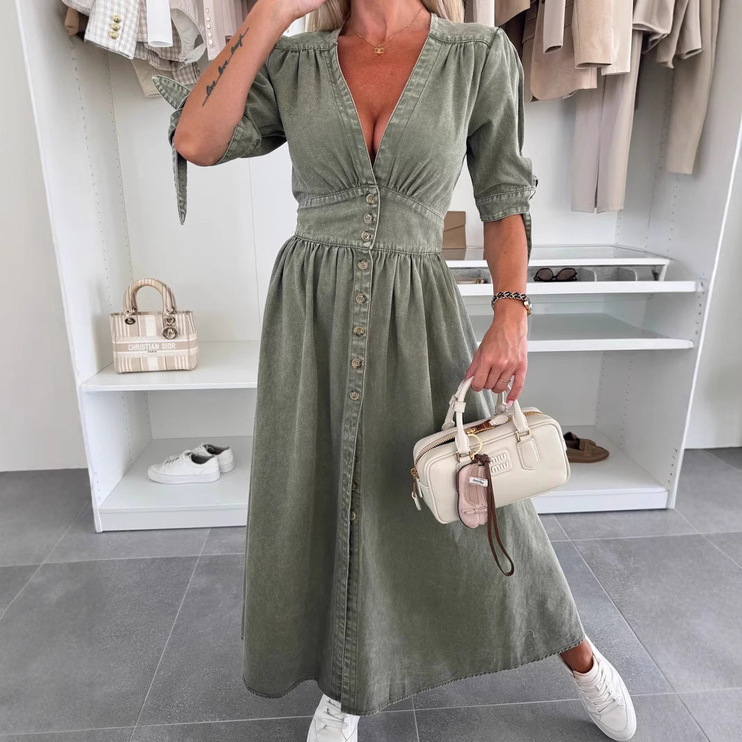 Long Denim Dress with V-Neck