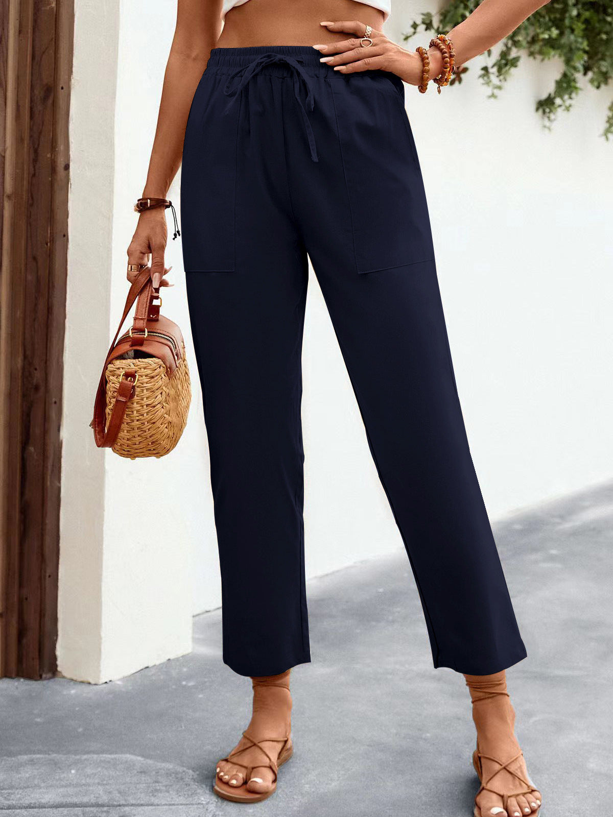 Drawstring Mid-Waist Casual Trousers