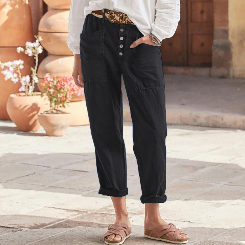 Buttoned Cotton Linen Pants